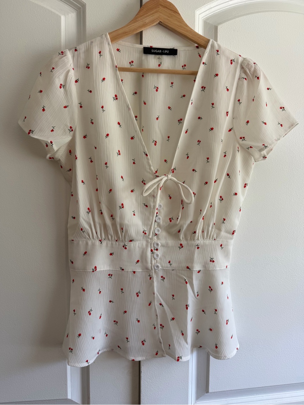 Sugarlips White Sheer Tea-Length Blouse with Red Rosebuds Sexy Summer Bow